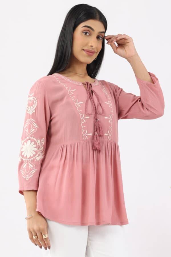 Coral Pink Embroidered Rayon Crepe Casual Top