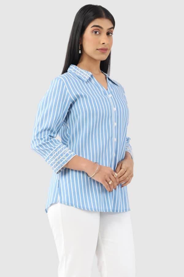 Blue Striped Rayon Shirt with 3/4th Sleeves and Collared Neck
