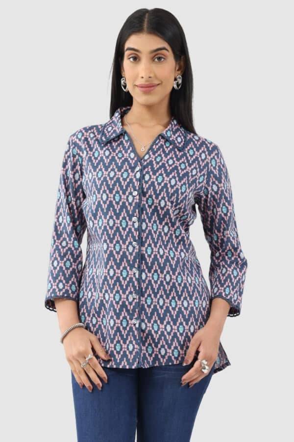 Blue Printed Rayon Slub Shirt