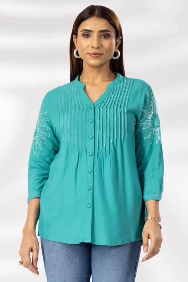 Sea Green Embroidered Viscose Mandarin Collar Shirt