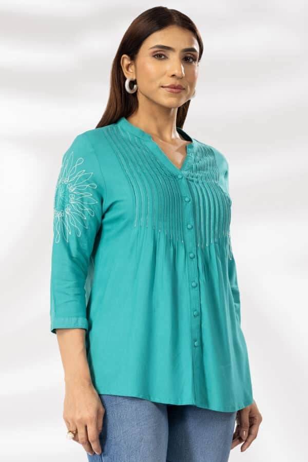 Sea Green Embroidered Viscose Mandarin Collar Shirt