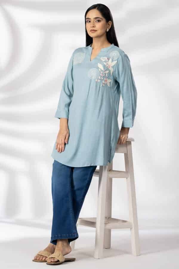 Sky Blue Embroidered Viscose Mandarin Collar Tunic