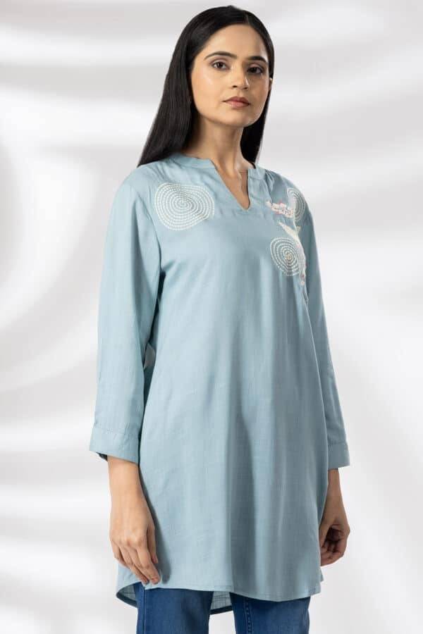 Sky Blue Embroidered Viscose Mandarin Collar Tunic
