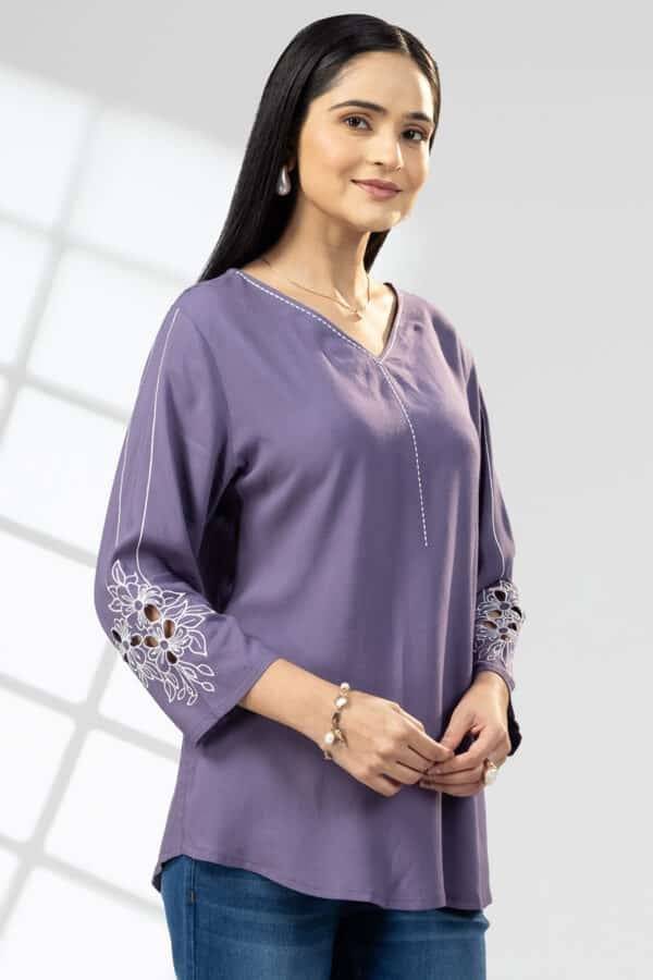 Purple V-Neck Embroidered Top