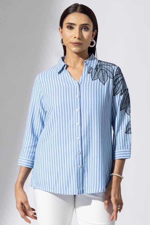 Blue Collared Embroidered Viscose Shirt