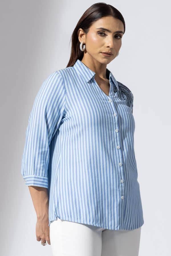 Blue Collared Embroidered Viscose Shirt