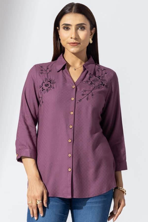 Mauve Embroidered Viscose Dobby Shirt