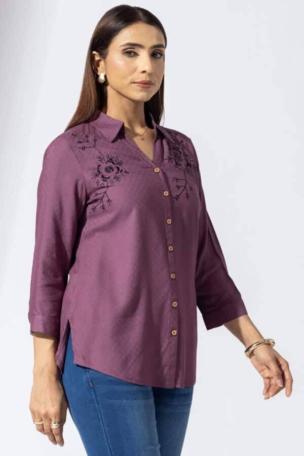 Mauve Embroidered Viscose Dobby Shirt