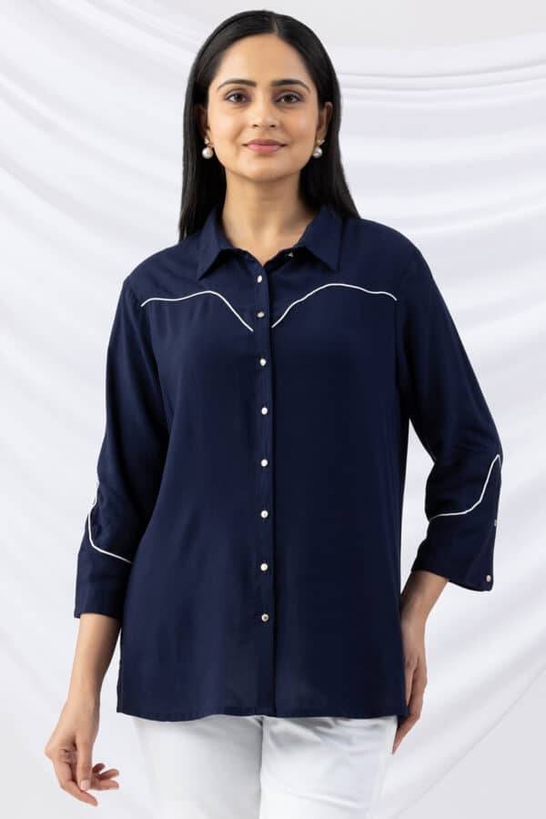 Navy Embroidered Rayon Shirt
