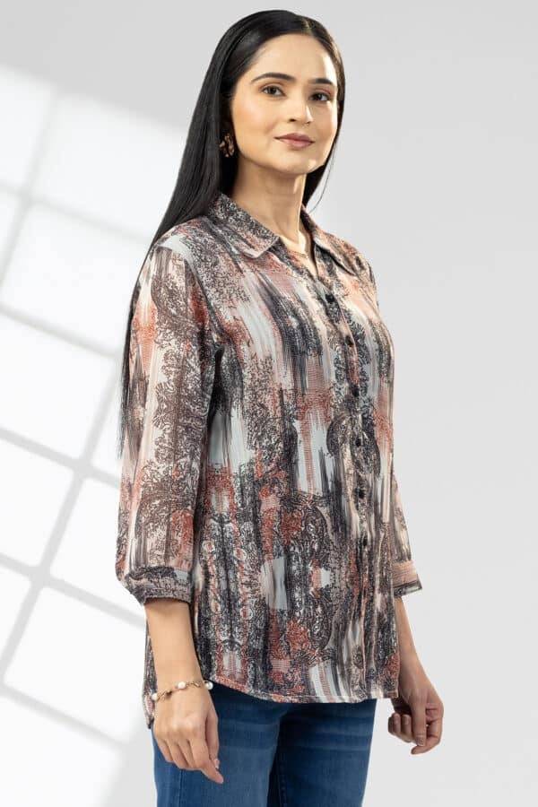 Red & Black Printed Chiffon Collared Shirt