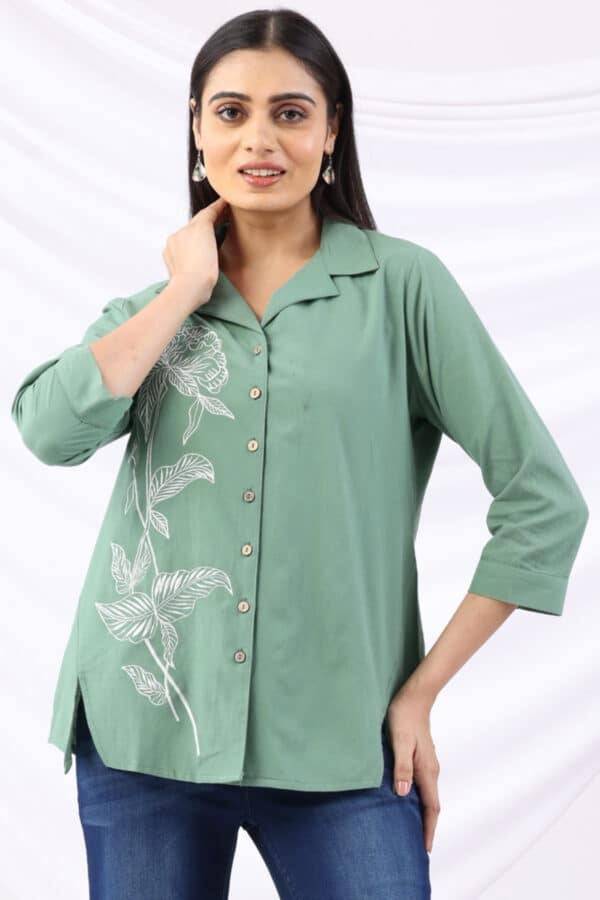 Green Viscose Cotton Embroidered Shirt