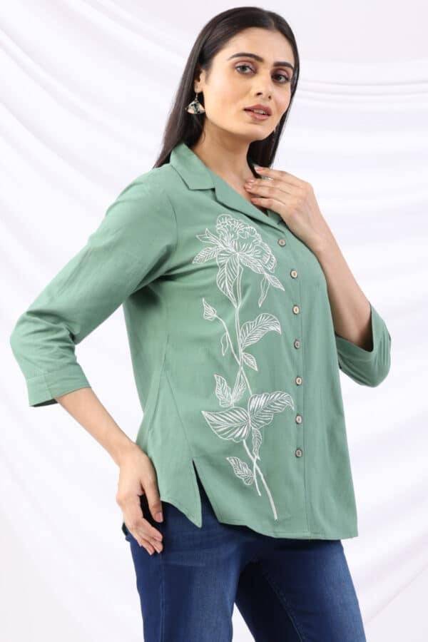 Green Viscose Cotton Embroidered Shirt