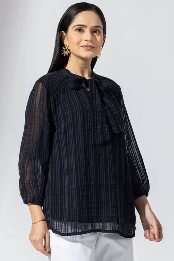 Black Striped Chiffon Casual Top with String Tie