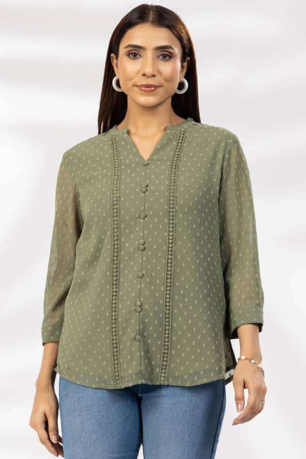 Olive Green Marble Chiffon Butta Casual Top with Mandarin Collar