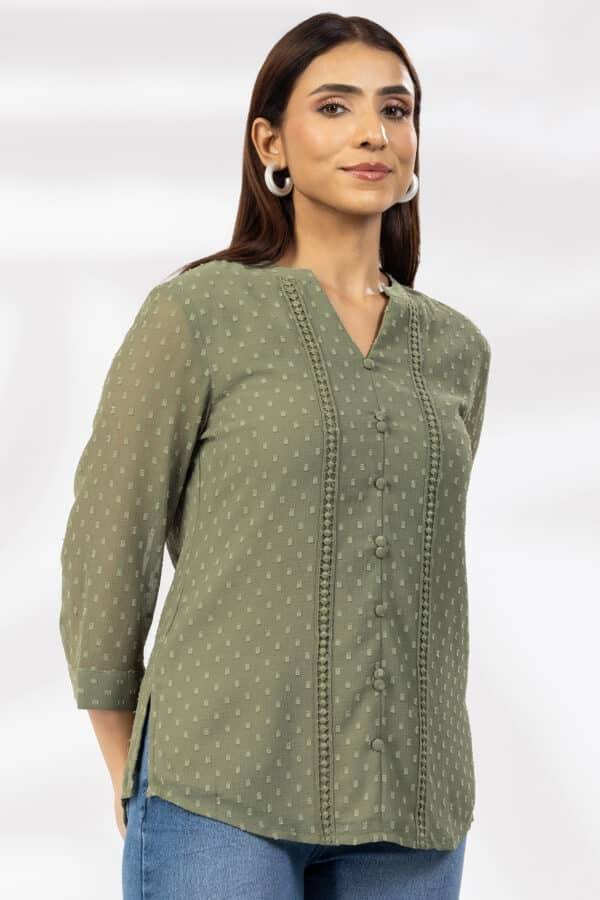 Olive Green Marble Chiffon Butta Casual Top with Mandarin Collar