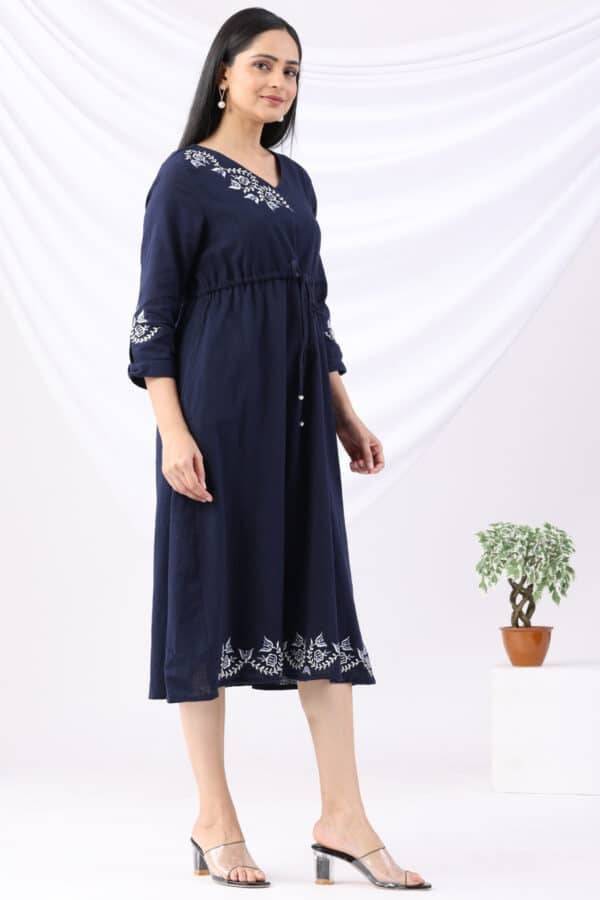 Navy Cotton Slub Embroidered V-Neck Dress