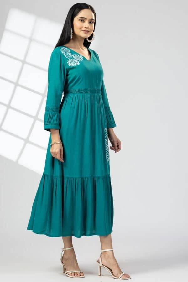 Sea Green Embroidered Calci Crepe Maxi Dress