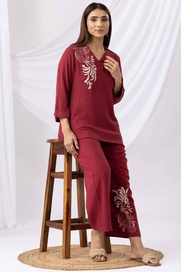 Maroon Embroidered Co-ord Palazzo