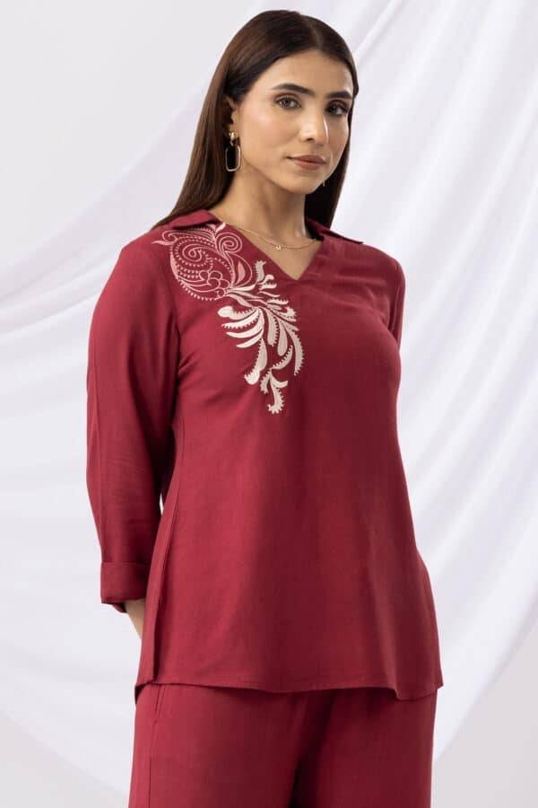 Maroon Embroidered Co-ord Top with Collar & 3/4th Sleeves