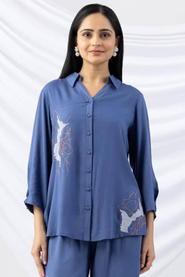 Blue Embroidered Viscose Slub Co-ord Shirt