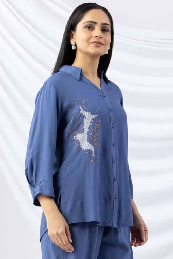 Blue Embroidered Viscose Slub Co-ord Shirt