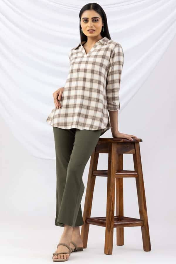 Flared Solid Olive Green Pant in Tencel Roma Spandex