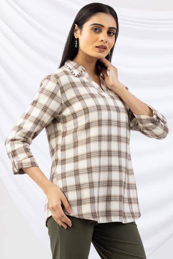 Checked Beige Brush Rayon Twill Winter Top