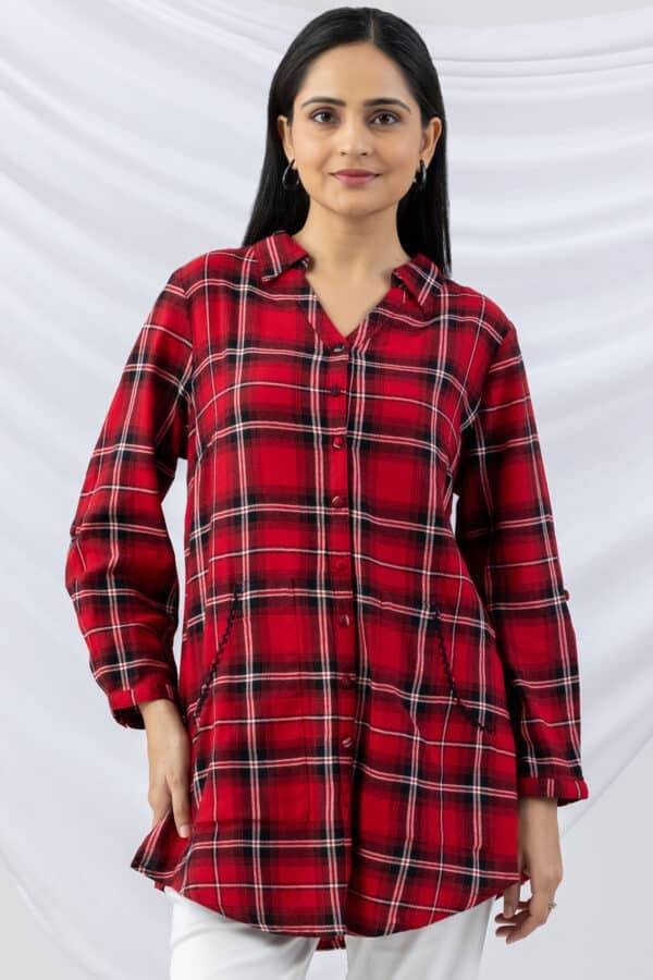 Checked Red Brush Rayon Twill Winter Long Shirt