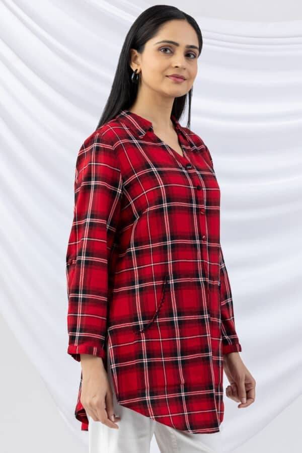 Checked Red Brush Rayon Twill Winter Long Shirt