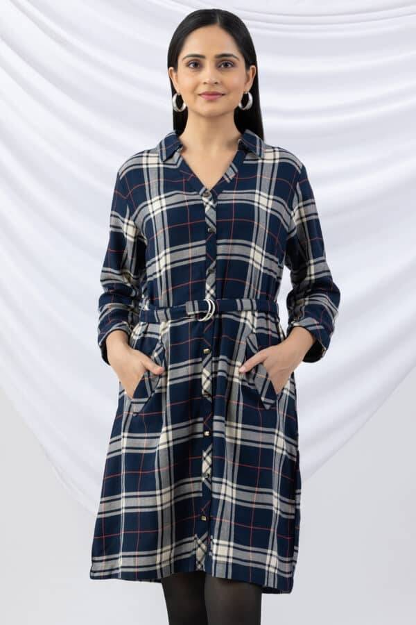 Checked Navy Brush Rayon Twill Winter Tunic