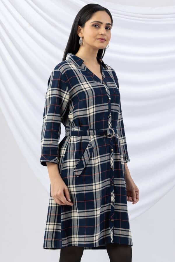 Checked Navy Brush Rayon Twill Winter Tunic