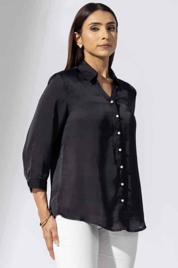 Elegant Black Satin Collared Shirt