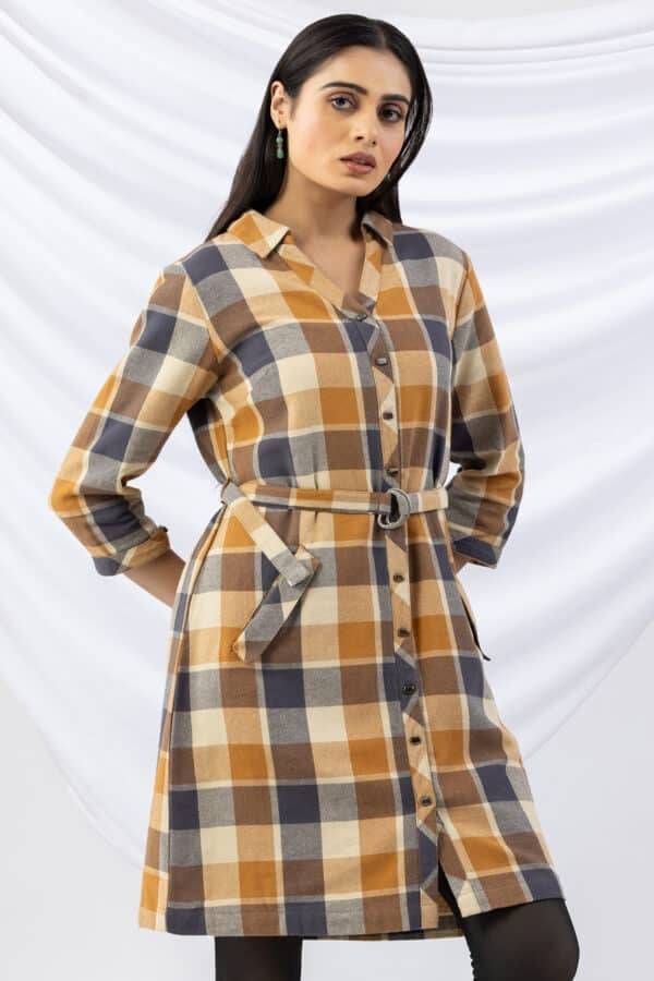 Checked Yellow Brush Rayon Twill Winter Tunic