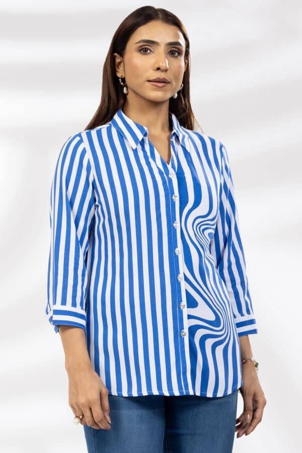 Blue Striped Viscose Collared Shirt with 3/4th Sleeves