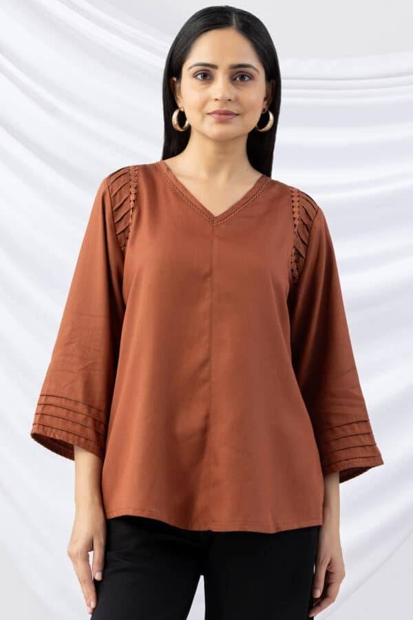 Brown V-Neck Pintuck Winter Top