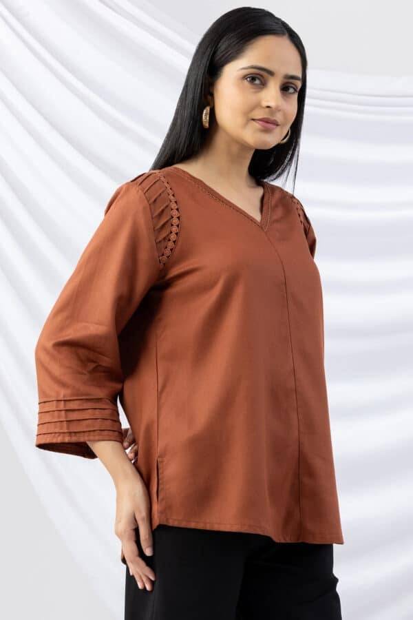 Brown V-Neck Pintuck Winter Top