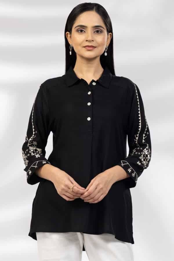 Black Tencel Twill Casual Top with Embroidery & 3/4th Sleeves