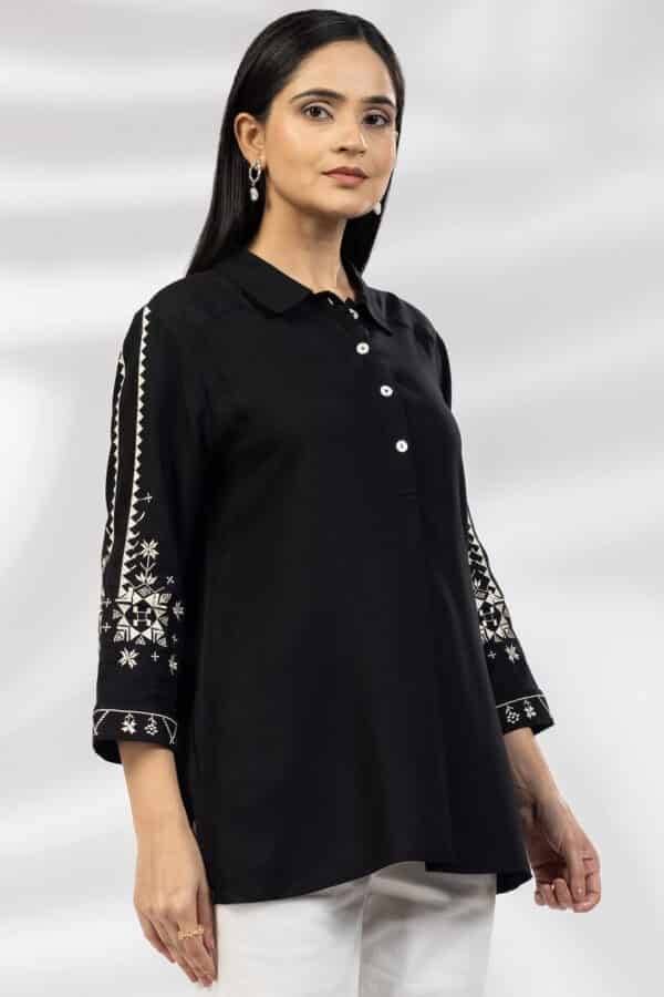 Black Tencel Twill Casual Top with Embroidery & 3/4th Sleeves