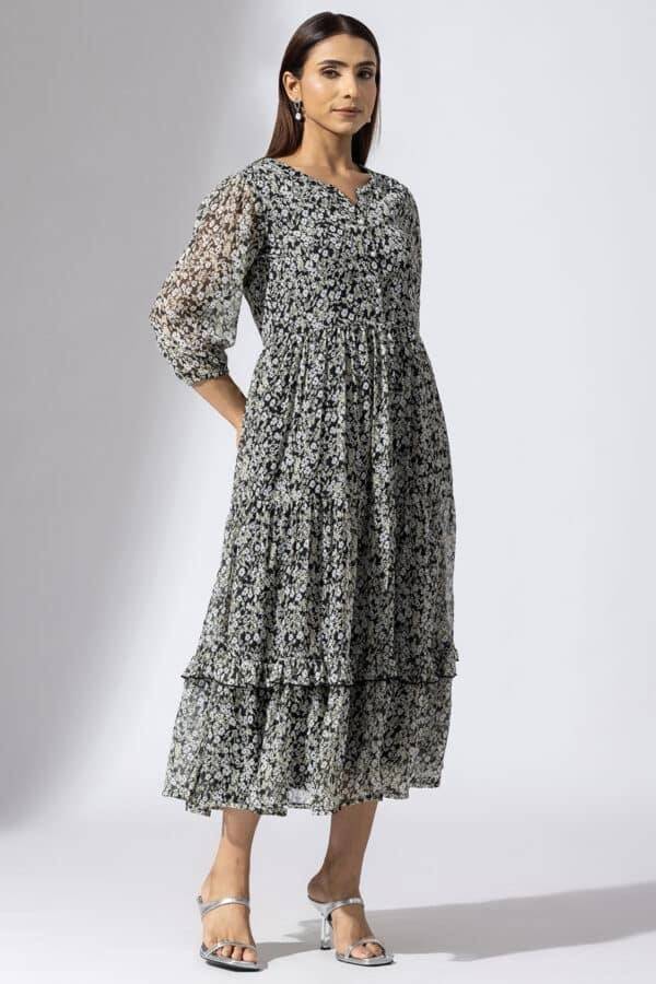 Black & White Chiffon Printed Casual Dress