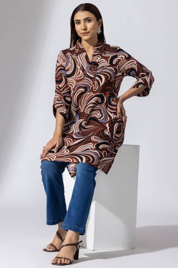 Brown Printed Rayon Crepe Collared Tunic