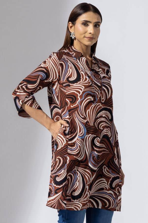 Brown Printed Rayon Crepe Collared Tunic