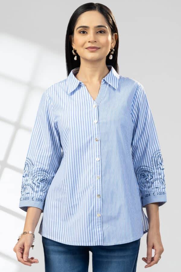Blue Cotton Stripe Embroidered Shirt