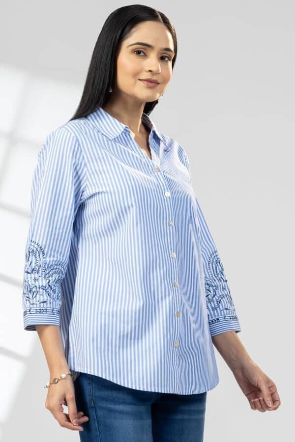 Blue Cotton Stripe Embroidered Shirt