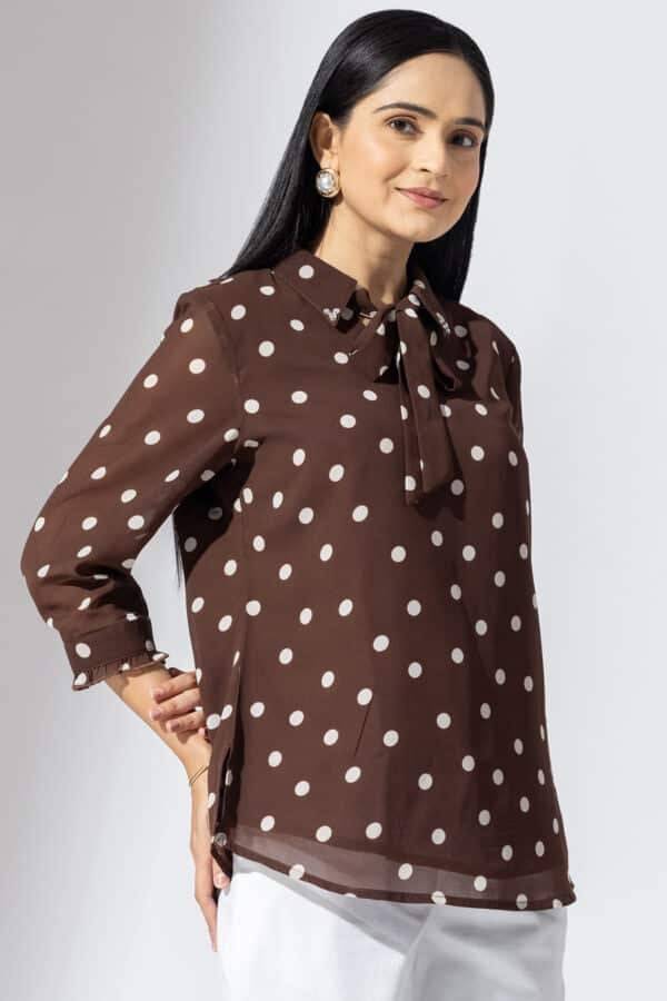 Brown Printed Georgette Collared Top