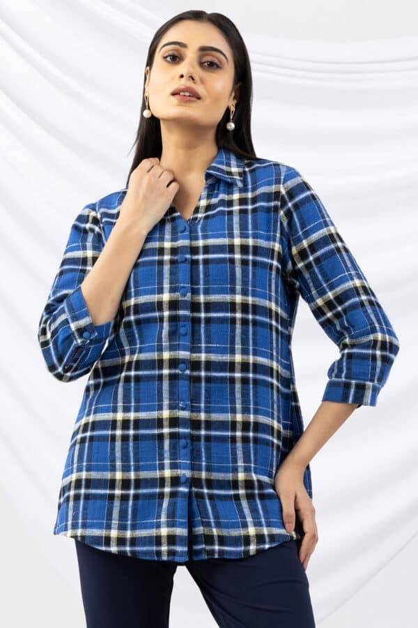 Checked Blue Viscose Twill Brushed Winter Shirt