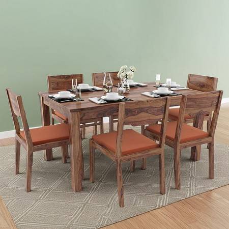 Arabia - Kerry 6 Seater Dining Table Set (Colour- Burnt Orange , Finish- Teak)
