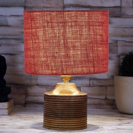 Millie Maroon Jute table lamp with Natural Wood Base