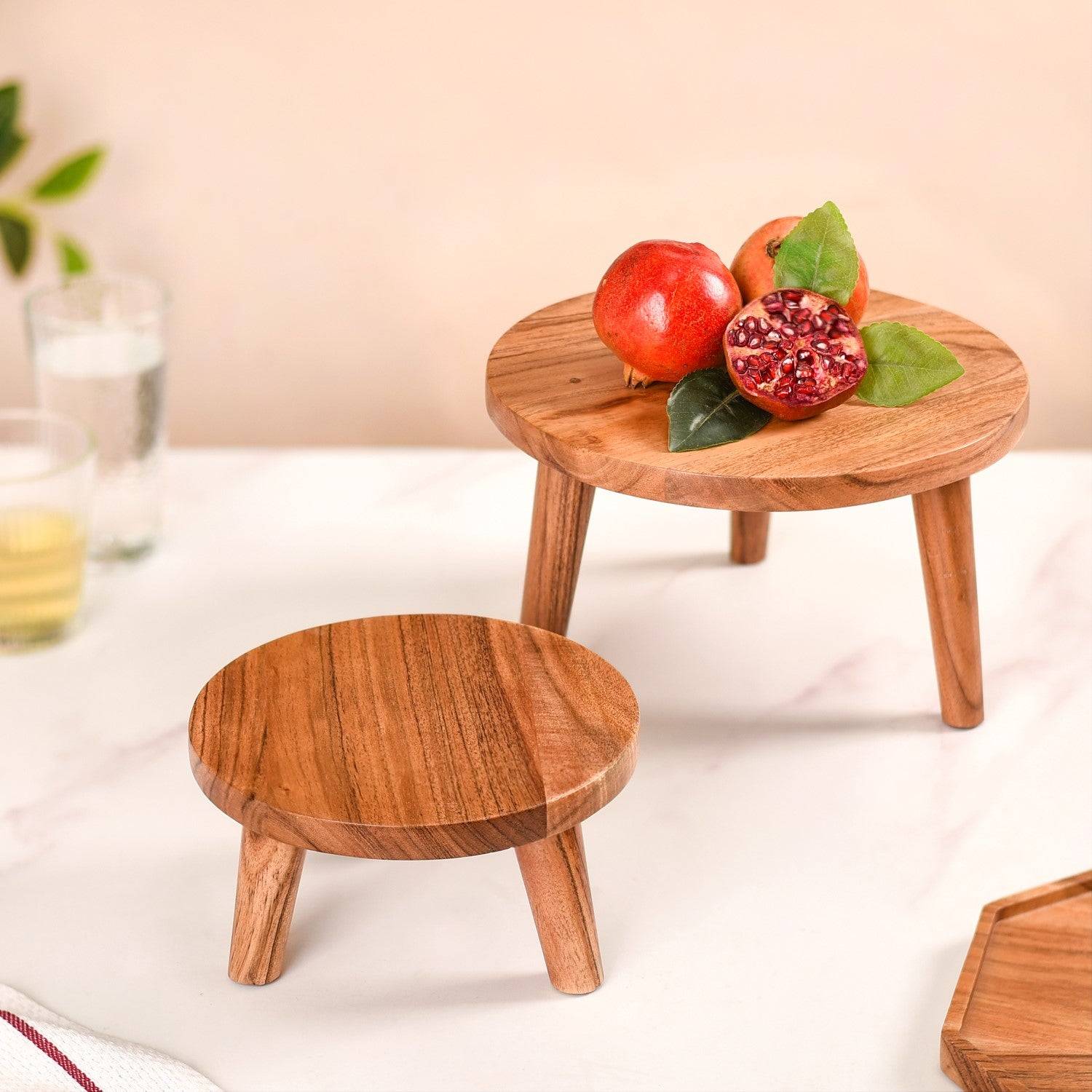 Wooden Stool Pedestal Serving Platter Set Of 2 buy only at ₹1450