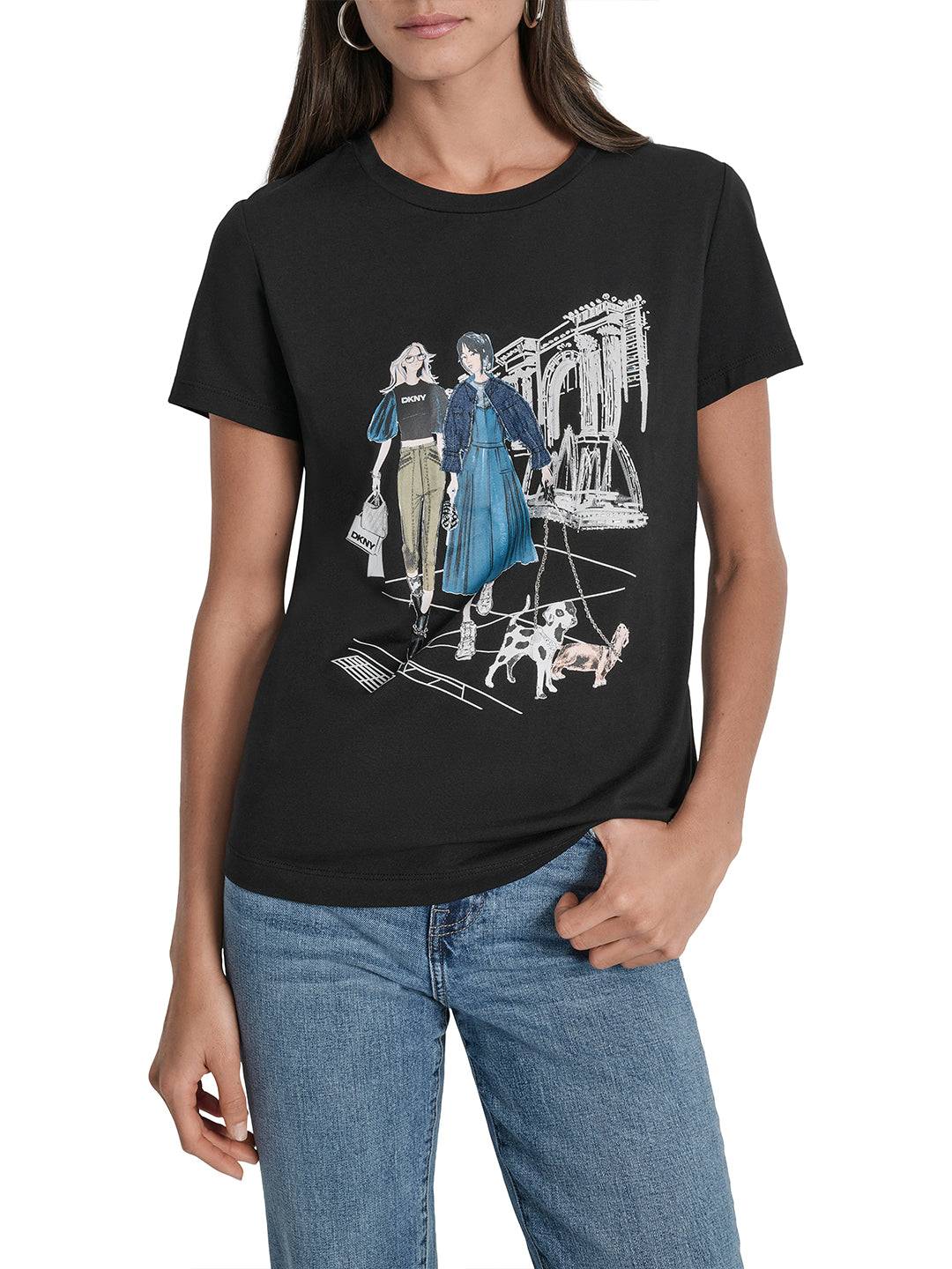 DKNY Women Black Placement Print Round Neck Tshirt