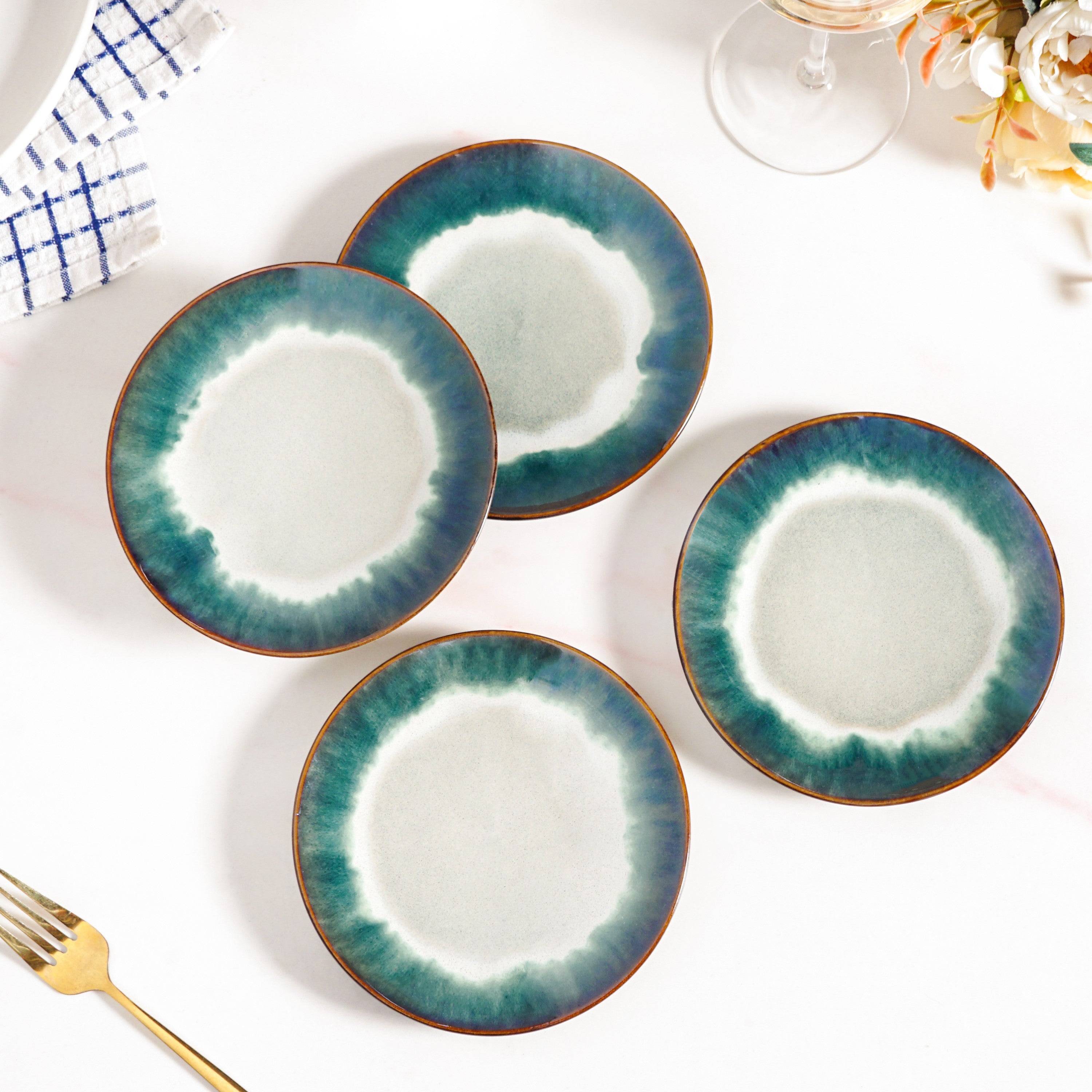 Abstract Ombre Green Ceramic Dessert Plate Set Of 4 15cm